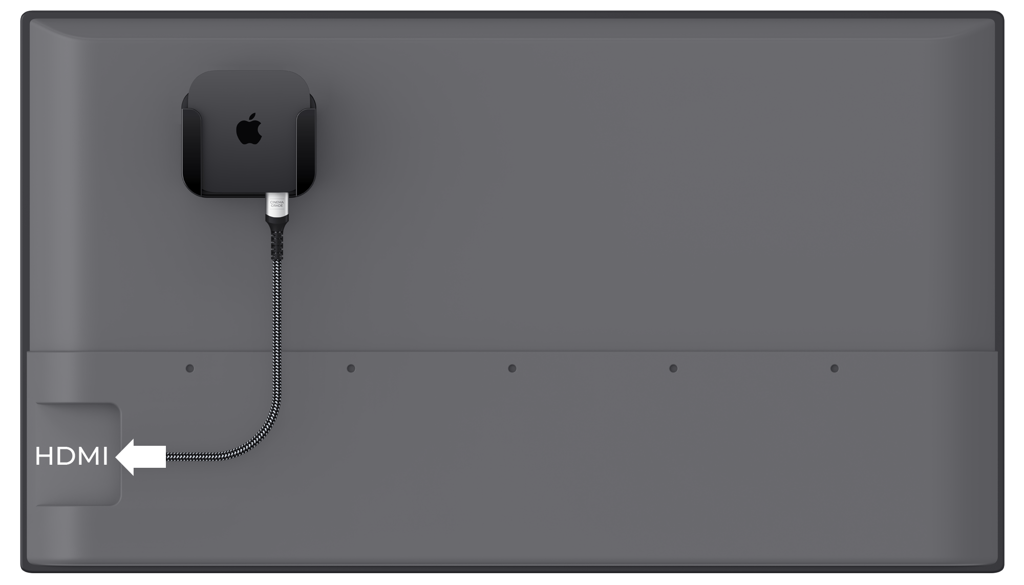 Apple TV mounted to the back of a television with ReliaMount